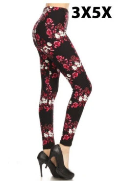 LEG-35 {Fresh As A Flower} Black Floral Print Leggings EXTENDED PLUS SIZE 3X/5X