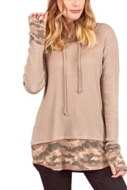 15 HD {Always Calm} Taupe Waffle Knit Hoodie W/Camo Trim PLUS SIZE XL 2X 3X