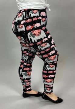 LEG-30 {Marching Elephants} Elephant Printed Black Leggings EXTENDED PLUS SIZE