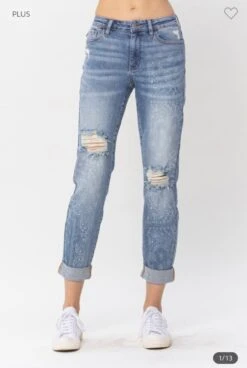 LEG-78 {Judy Blue} Medium Destroy & Paisley Print Jeans EXTENDED PLUS SIZE 16W 18W 20W 22W 24W