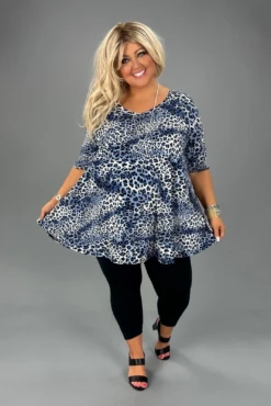 98 PSS-A {All That Jazz} Navy Leopard Print V-Neck Top EXTENDED PLUS SIZE 3X 4X 5X