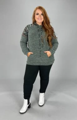 76 HD-A {Cozy On Up} Olive Hoodie W/Aztec Contrast SALE!!!! PLUS SIZE XL 2X 3X