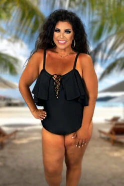 SWIM-A {Caribbean Crush} Black Ruffle One Piece Swimsuit SALE!!! PLUS SIZE 2X