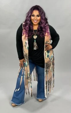 LD-N {Based On Fun} Tan/Blue Floral Vest W/Fringe SALE!!! PLUS SIZE 1X 2X 3X