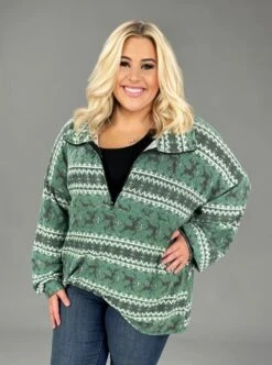 63 PLS-Z {Remembered Past} Green Reindeer Print Top