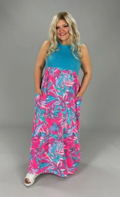 LD-H {Neon Tropics} Blue/Pink Tropical Print Maxi PLUS SIZES XL 2X 3X SALE!!