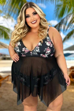 SWIM-B {Splash Into Swim} Black Floral Two Piece Swimsuit SALE!!! EXTENDED PLUS SIZE 2X 3X 4X