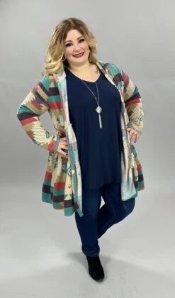 37 OR 12 OT-O {Happy Mood} Taupe Aztec Print Tiered Cardigan W/Hood PLUS SIZE 1X 2X 3X