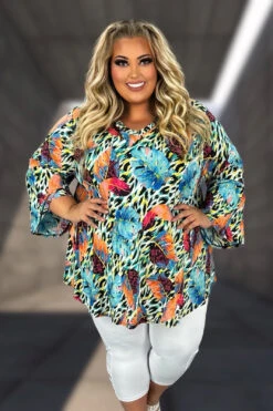 26 PQ {Forever Favorite} Blue Leaf Print V-Neck Tunic EXTENDED PLUS SIZE 3X 4X 5X
