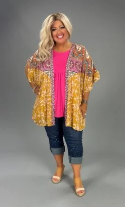 13 OT-M {Sandy Memories} Umgee Gold Print Kimono PLUS SIZE XL/1X 1X/2X