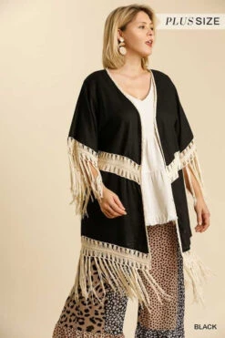 77 OT-B {Fringe Appeal} “UMGEE” Black Kimono W/Beige Trim PLUS SIZE XL 1X 2X SALE!!!