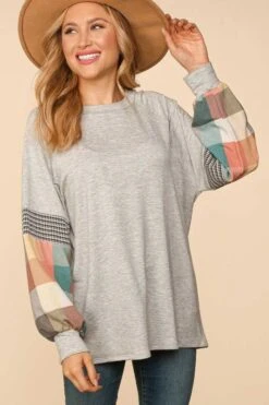 12 CP {Joy Is Coming} H. Grey Top W/Multi-Color Plaid Sleeves PLUS SIZE XL 2X 3X