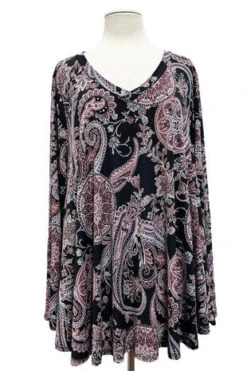 26 PLS {Hope Heals} Black/Mauve Paisley Mandala Print Top PLUS SIZE XL 2X 3X