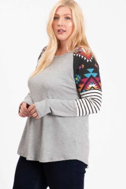 22 CP-K {You Know How} Grey Black Aztec Sleeve Top PLUS SIZE XL 2X 3X -Curvy Chic Boutique image 5b6a5fc2 b4b7 4fc0 a5db 4ba9faf11d69