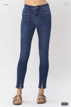 LEG-79 {Judy Blue}Dark High Waist Front Seam & Slit Skinny Jeans EXTENDED PLUS SIZE 16W 18W 20W 22W 24W