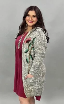 OT-G {A Warm Welcome} Stone Cardigan With Flower