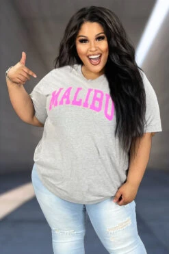 30 GT-G {Malibu} Heather Grey Pink MALIBU Graphic Tee PLUS SIZE 1X 2X 3X