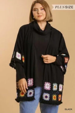 25 OT-W {Take The Leap} Umgee Black Kimono W/ Crochet PLUS SIZE XL 1X 2X
