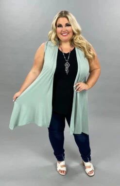68 OT-H {Lovin Life} Sage Sleeveless Cardigan PLUS SIZE 1X 2X 3X