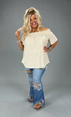 78 OS-A {Such A Sweetie} Taupe Eyelet Off Shoulder Top SALE!!! PLUS SIZE 1X 2X 3X