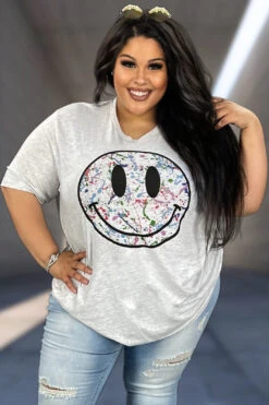 12 GT-M {Big Smiles} Ash Grey Splatter Smiley Graphic Tee PLUS SIZE 1X 2X 3X