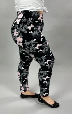 BIN-99 {Pink Butterflies} Black Butterfly Print Leggings EXTENDED PLUS SIZE 3X/5X