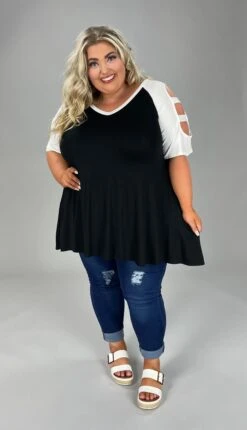 61 OS-A {Ladder Fun} Black/Ivory Ladder Sleeve Top SALE!!!! PLUS SIZE XL 2X 3X