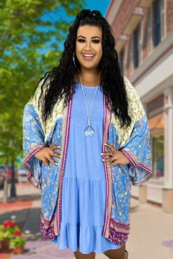 13 OT-V {Lake Ready} Blue/Cream Floral Kimono PLUS SIZE XL 1X 2X