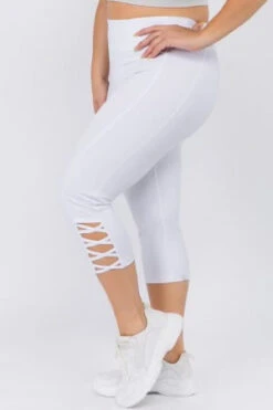 LEG-43 {Running Laps} Bright White Criss-Cross Open Yoga Capri PLUS SIZE 1X 2X 3X