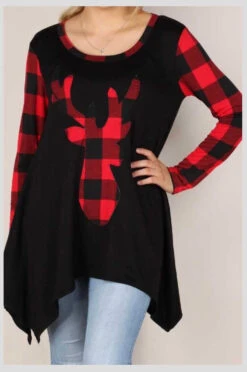 GT-A {Hello My Deer} Black Red Plaid Deer Graphic Tunic SALE!!! PLUS SIZE XL 2X 3X