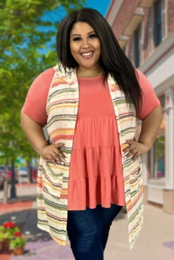 61 OT-A {Eye Candy} Multi-Color Stripe Print Vest W/Hood PLUS SIZE XL 2X 3X