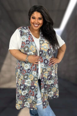 74 OT {Falling Into Fashion} Grey Floral Long Vest W/Pockets CURVY BRAND!!! EXTENDED PLUS SIZE 4X 5X 6X