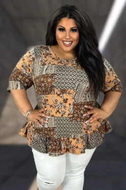 15 PSS {Hold Back Nothing} SALE! Brown Floral Ruffle Hem Top EXTENDED PLUS SIZE 4X 5X 6X