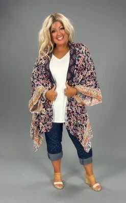 11 OT-R {Sweetest Gesture} Umgee Navy Floral Kimono PLUS SIZE XL/1X 1X/2X