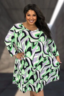 29 PQ {Front Row View} Lime/Black Print V-Neck Dress EXTENDED PLUS SIZE 3X 4X 5X