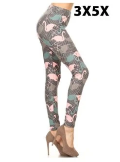 LEG-17 {One Leg Up} Gray Flamingo Print Leggings EXTENDED PLUS SIZE 3X/5X