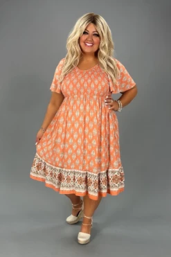 17 PSS-O {Leave Worry Behind} Peach Print Smocked Dress PLUS SIZE XL 2X 3X