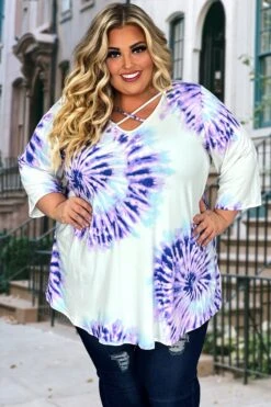 57 PQ-B {Love That Last} Purple Tie Dye Caged Neck Top CURVY BRAND!!! EXTENDED PLUS SIZE XL 2X 3X 4X 5X 6X