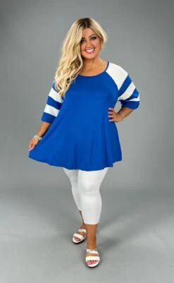 90 CP-E {Curvy Hanging Out} R., Blue Tunic W/ Striped Sleeve CURVY BRAND!!! EXTENDED PLUS SIZE XL 2X 3X 4X 5X 6X