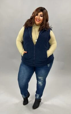 63 OR 39 OT-Y {Looking For Fun} Navy Sherpa Hooded Vest PLUS SIZE 1X 2X 3X