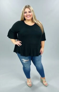 49 SSS-A {Forever Fling} Black Waffle Knit Bell Sleeve Top PLUS SIZE XL 2X 3X