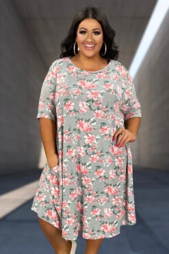 25 PSS-L {Eyes On The Prize} SALE! Grey Floral Dress W/Pockets EXTENDED PLUS SIZE 4X 5X 6X SALE!!