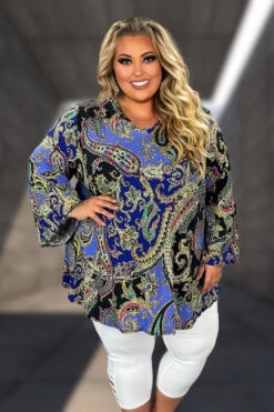 65 PQ {Give Me A Hand} Royal Blue Paisley V-Neck Tunic EXTENDED PLUS SIZE 3X 4X 5X