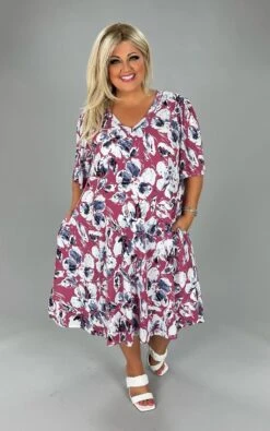 85 PSS-A {Budding Beauty} SALE!!! Magenta Floral V-Neck Dress PLUS SIZE XL 2X 3X