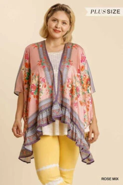 15 OT-J {Floral Market} Umgee Rose Mix Floral Kimono PLUS SIZE XL/1X 1X/2X