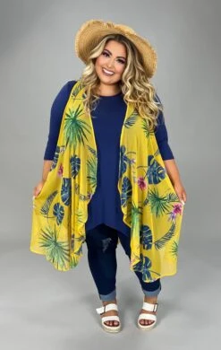 29 OT-A {Palm Figures} Yellow Palm Leaf Vest PLUS SIZE SALE!!!!