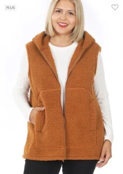63 OT-T {Looking For Fun} Deep Camel Sherpa Hooded Vest PLUS SIZE 1X 2X 3X
