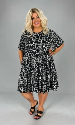 95 PSS-A {Cooling Trend} Black Giraffe Print Tiered Dress PLUS SIZE 1X 2X 3X SALE!!!