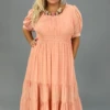 LD-C {Living The Life} Umgee Peach Smocked Detail Dress PLUS SIZE XL 1X 2X