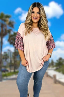 58 CP-G {Crazy Crush} SALE! Blush Top W/Leopard Sleeves PLUS SIZE 1X 2X 3X